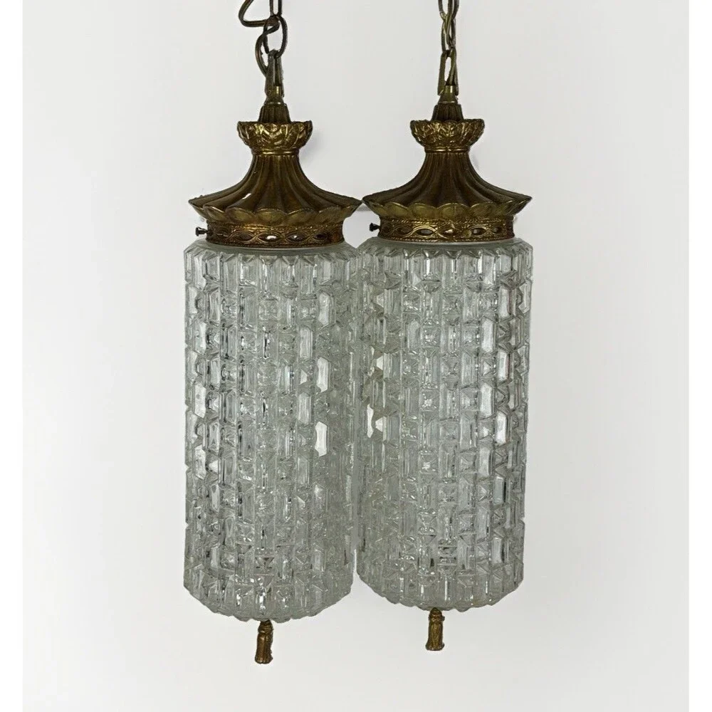 Vintage 1960s Carl Falkenstein Hollywood Regency Block Glass Swag Pendant Lamps